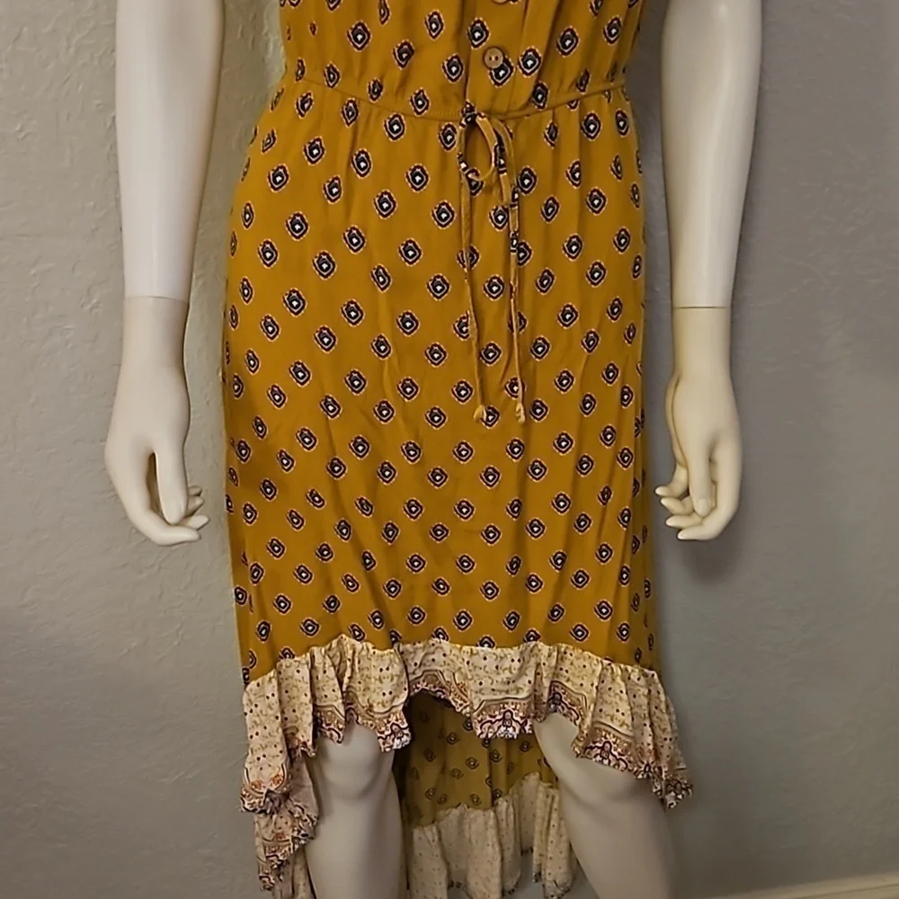 VTG Y2k Mustard Floral Ruffle Off Shoulder High-Low Prairie Boho Dress - Picture 5 of 8